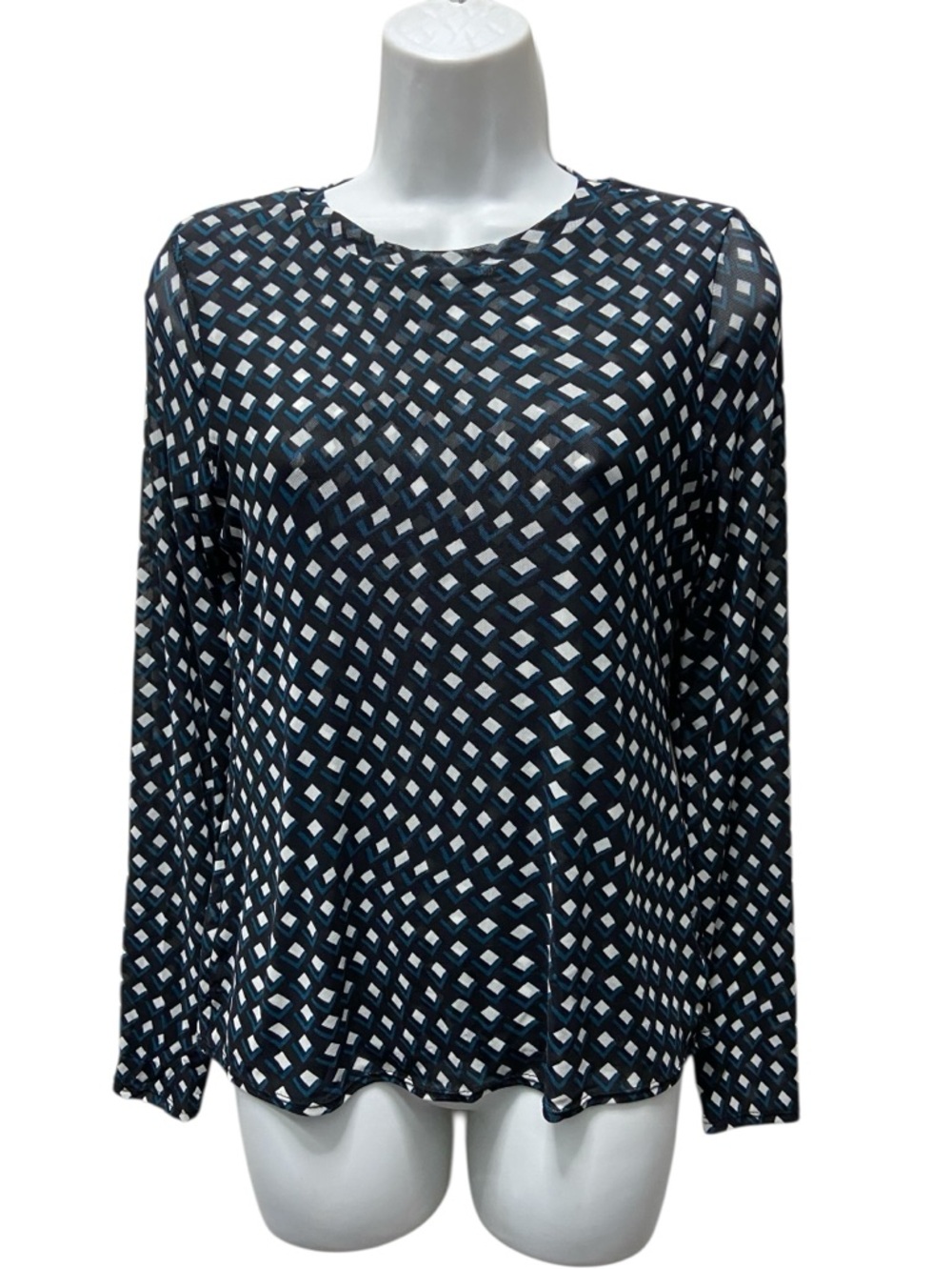 INC Mesh Geometric Print Black Blue Shapes Stretch Top - Women’s XS
